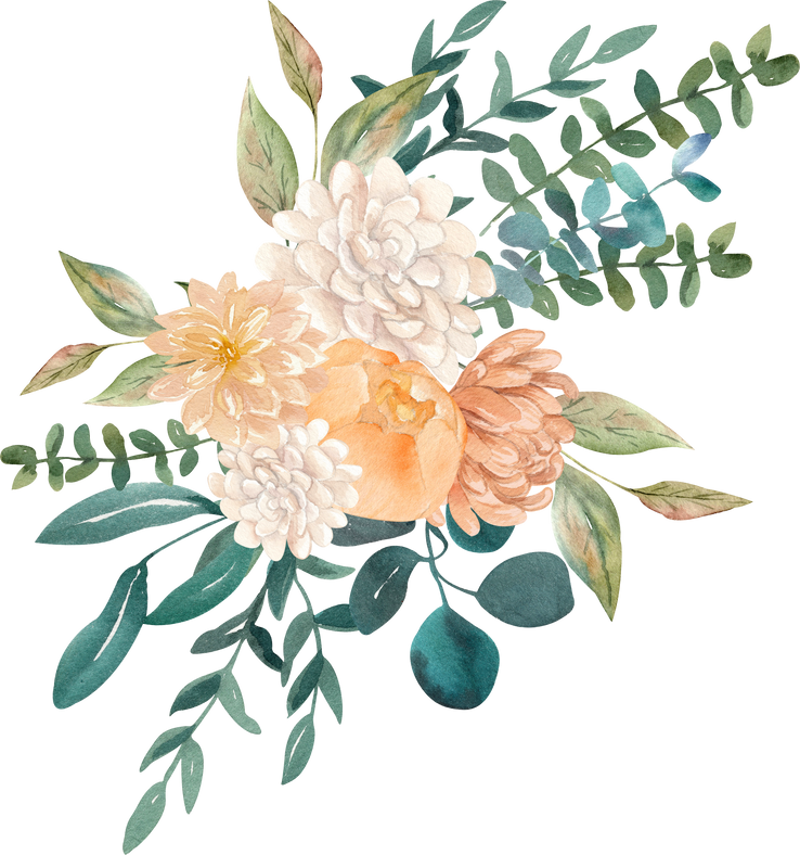 bouquet with rose, peony, chrysanthemum, eucalyptus